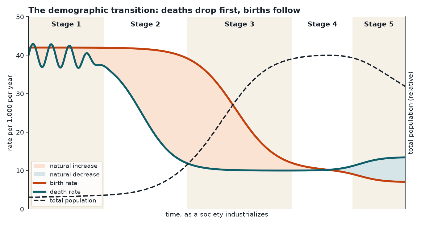 Birth rate, death rate and total population across the five stages of the demographic transition