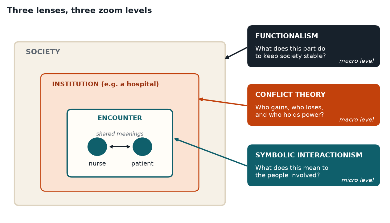 Diagram showing a society containing an institution containing two people, with each paradigm's question pointing to the level it studies